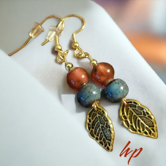 Fall Boho Gold Leaf Hand Crafted Drop Earrings - Picture 5 of 5